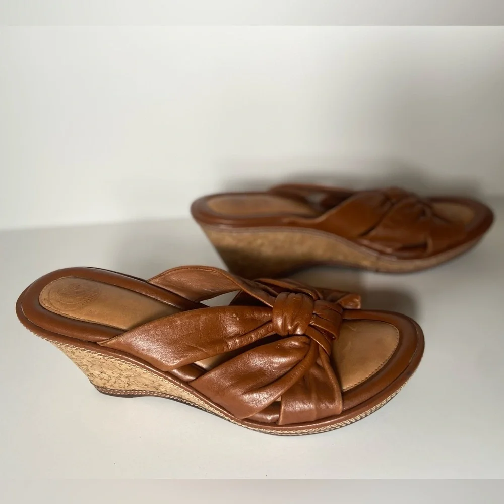 Nurture~Cognac~Leather~Knotted/Trim Design~Cork Wedge~Platform Sandal~Size 7.5